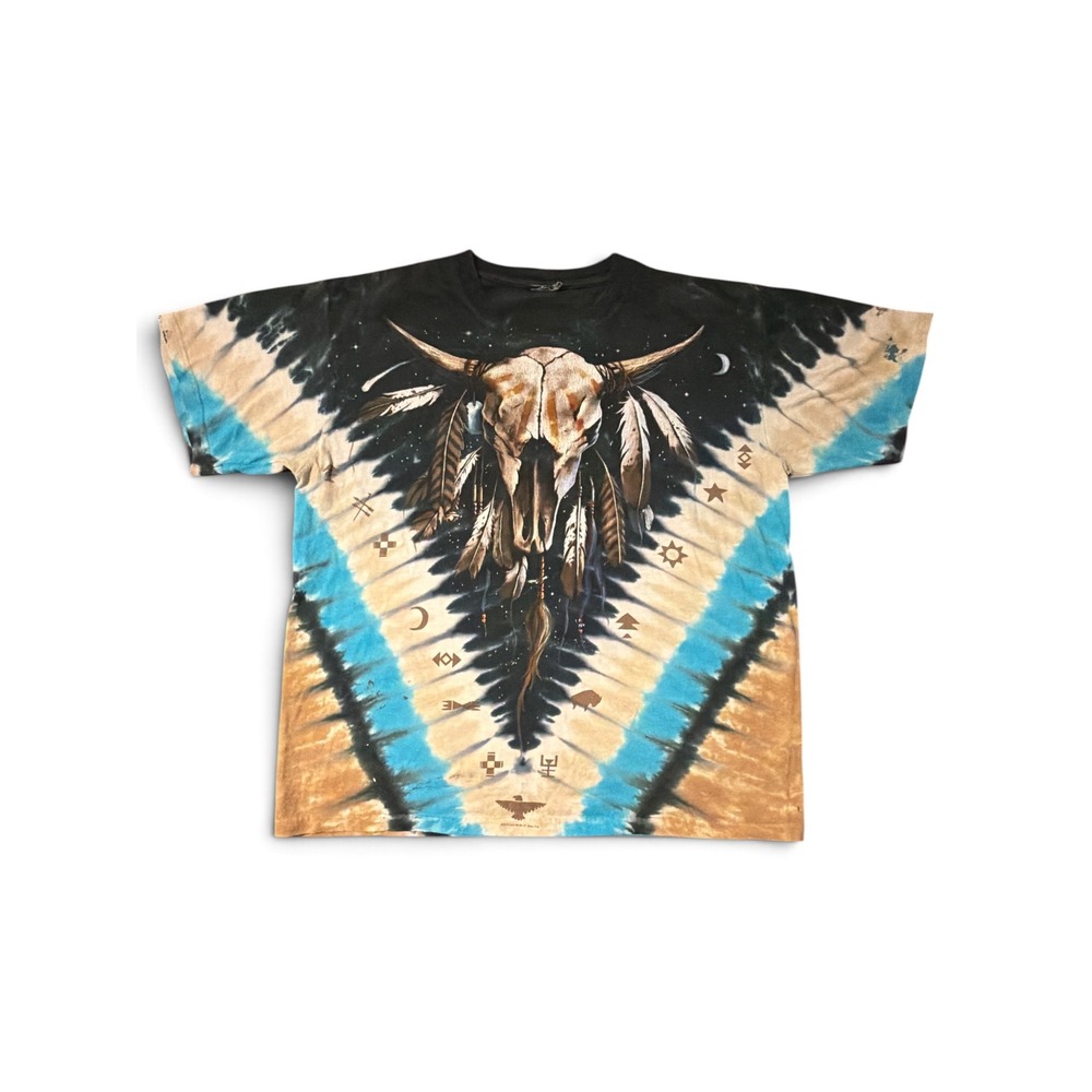 Vintage 2002 Liquid Blue Brian Fox Tie Dye Steer Skull Bison T-Shirt Mens L/XL